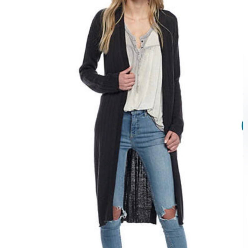 Free People Black Ribby Rib Long Open Cardigan Size M